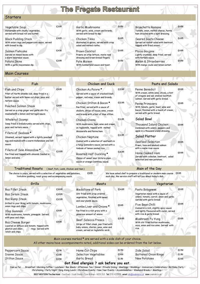 The Best Western Sea Hotel South Shields NE33 1LD Fregate Restaurant Menu
