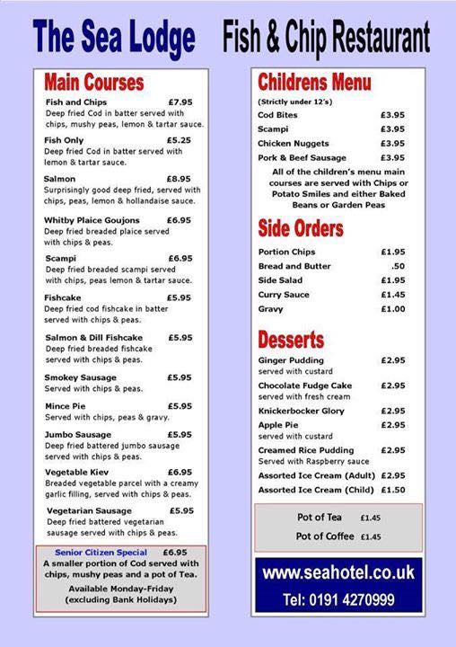 The Best Western Sea Hotel South Shields NE33 1LD The Sea Lodge Fish And Chip Restaurant Menu