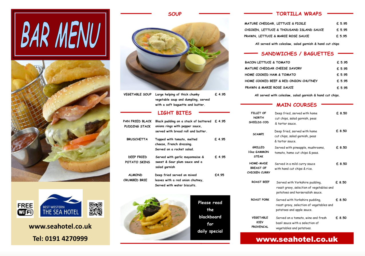 The Best Western Sea Hotel South Shields NE33 1LD Bar Menu 1