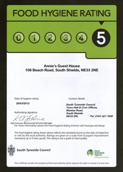 Annie's Guest House South Shields Five Star Food Hygiene Rating