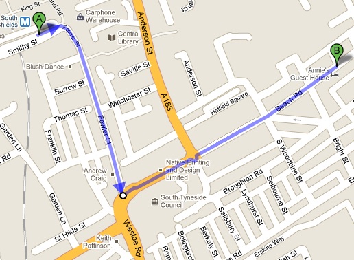 Map to Annie's Guest House from South Shields Bus Station Map to Annie's Guest House from South Shields Bus Station