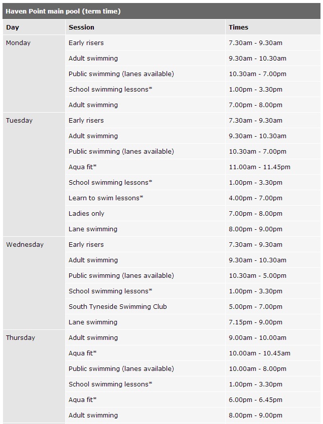 Swimming Pool Opening Hours Haven Point Pier Parade South Shields NE33 2JS 1 Swimming Pool Opening Hours Haven Point Pier Parade South Shields NE33 2JS 1
