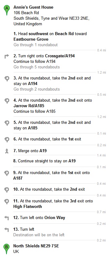 Directions From Our Bed and Breakfast To Maersk Training North Shields NE29 7SE