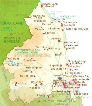 County Map of Northumberland in North East England County Map of Northumberland in North East England