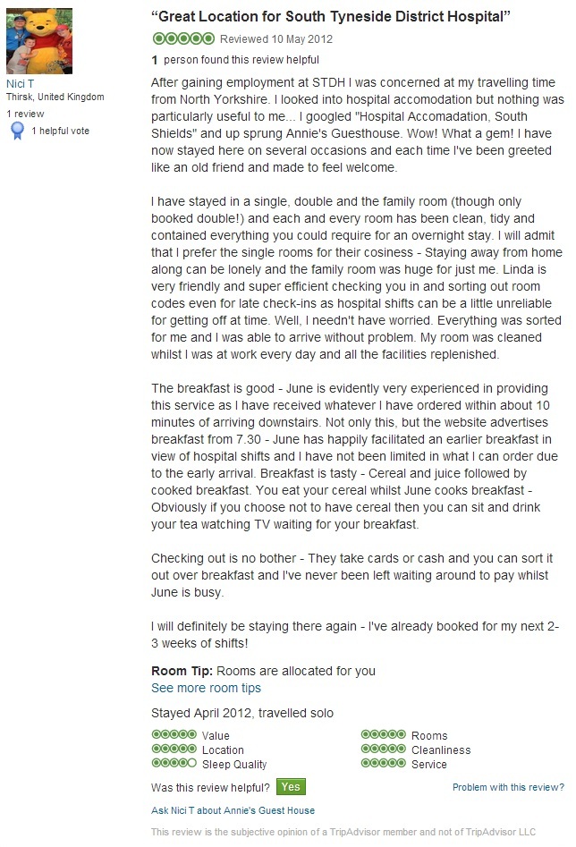 Hotel Review South Tyneside Hospital Accommodation NE33 0PL